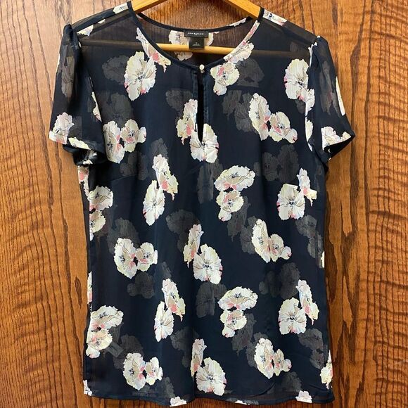 Ann taylor navy floral chiffon keyhole neck short sleeve blouse top - Picture 7 of 7